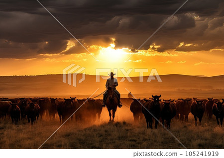 View of a cowboy on a horse while grazing. View of a cowboy on a horse while grazing. 105241919