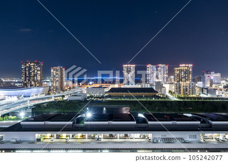從夜空中閃耀的豐洲到有明/海灣地區的摩天大樓夜景 | 東京夜景圖像 | 東京江東區 105242077