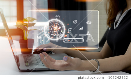 Businesswoman using laptop computer connecting virtual ai smart brain assistant technology. Artificial Intelligence concept. 105242522