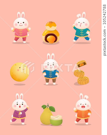 A set of playful and cute rabbit mascots and various elements of the traditional Chinese festival Mid-Autumn Festival, moon cakes and pomelo A set of playful and cute rabbit mascots and various elements of the traditional Chinese festival Mid-Autumn Festival, moon cakes and pomelo 105242788