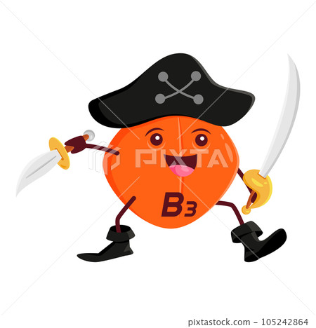 Cartoon B3 niacin vitamin and micronutrient pirate or corsair character. Isolated vector capsule dressed in filibuster costume, ready to help boost your health. Funny swashbuckling pill adventurer Cartoon B3 niacin vitamin and micronutrient pirate or corsair character. Isolated vector capsule dressed in filibuster costume, ready to help boost your health. Funny swashbuckling pill adventurer 105242864