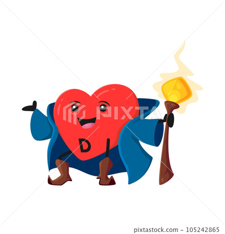 Cartoon vitamin D sorcerer character, calciferol micronutrient wizard, magician or sorcerer. Isolated vector heart shaped capsule mage, food supplement drug personage casting spell with magic staff 105242865