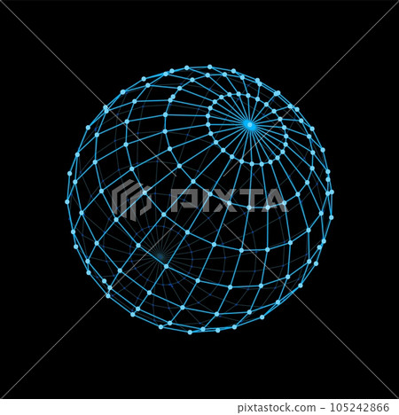 3d wireframe sphere and futuristic ball shape. Virtual wireframe model, futuristic blue wire vector model, data visualization dimensional grid sphere hologram. Digital technology geometric ball 105242866