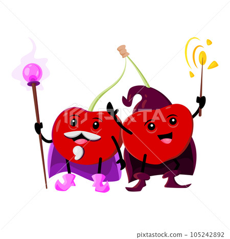 Cartoon cherry berry pair wizard characters. Vector funny senior and young magicians, necromancers in cape and hat with magic wand or staff casting spell. Conjurers, sorcerers healthy food personages Cartoon cherry berry pair wizard characters. Vector funny senior and young magicians, necromancers in cape and hat with magic wand or staff casting spell. Conjurers, sorcerers healthy food personages 105242892