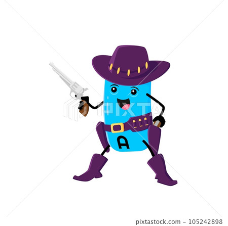Cartoon funny vitamin A bandit robber character with gun in western hat, vector Wild West ranger. Cute vitamin A in boots with shotgun as wanted robber or bandit, kids cartoon multivitamin character 105242898