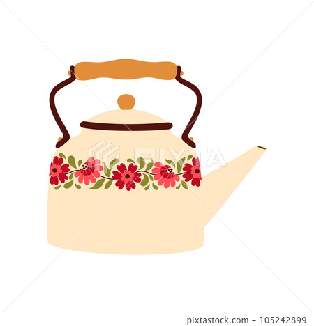 Kettle with floral print, cartoon ceramic teapot. Vector decorative kitchen tool, household utensil, ceramic drinkware for chinese tea ceremony 105242899