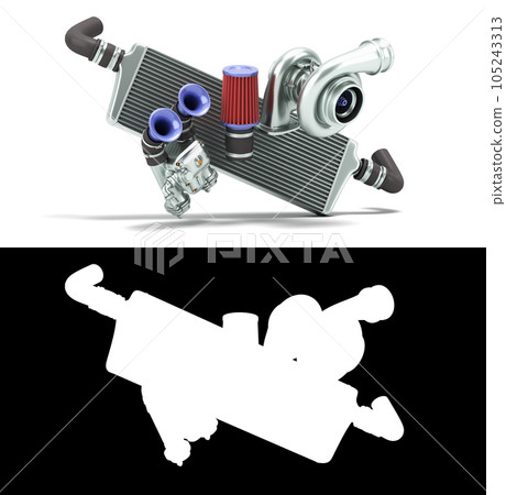 Set of custom spare car parts for tuning the internal components 3d render on white with alpha 105243313