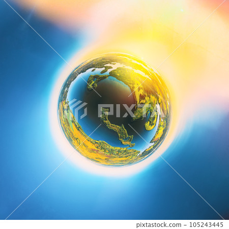 little planet view Green Forest Woods And Lake River Landscape In Sunny Summer sunset sunrise. Aerial View Top View Of Beautiful European Nature From High Attitude. Drone View. Bird's Eye View. Little 105243445