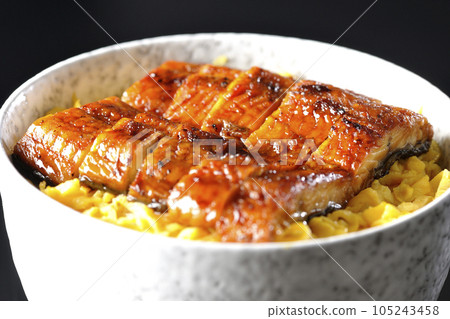 Shoot a bowl of kinshi tamago and grilled eel on a black background 105243458