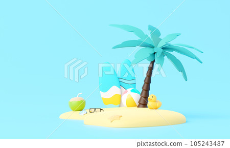 3D render Summer vacation, beach and sea icon elements objects group, holidays background concept, Realistic Display for Product mock-up or Cosmetics with summer theme. minimal cute design. 105243487