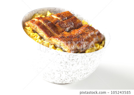 A bowl of kinshi tamago and grilled eel on a white background A bowl of kinshi tamago and grilled eel on a white background 105243585