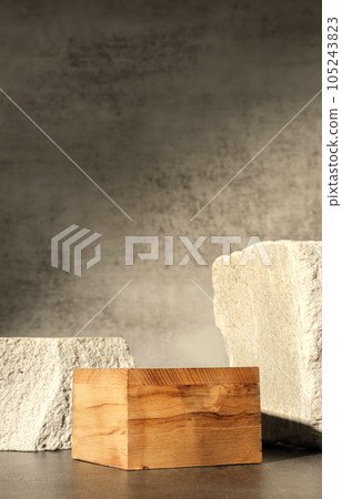 Rough stone and wooden box with sunlight from window on concrete wall and floor background,Copy space for product display 105243823