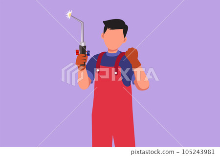 Cartoon flat style drawing male welder holds welding tool with celebrate gesture and working in construction building and forming steel frame that is melted by fire. Graphic design vector illustration 105243981