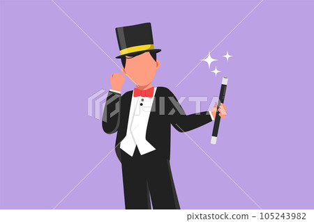 Graphic flat design drawing magician in tuxedo with celebrate gesture wear hat and holds magic stick ready to entertain audience in circus show. Magical performance. Cartoon style vector illustration 105243982