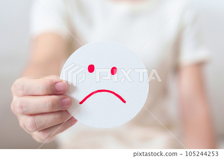 Woman show Unhappy Sad face paper, Mental health Assessment, Psychology, Health Wellness, Feedback, Customer Review, Experience, Satisfaction Survey, Negative Thinking and World Mental Health day 105244253