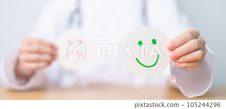 Doctor show Happy smile face paper, Mental health Assessment, Psychology, Health Wellness, Positive Feedback, Customer Review, Good Experience, Satisfaction Survey, World Mental Health day concept 105244296