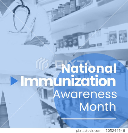 National immunization awareness month text over midsection of biracial female doctor 105244646