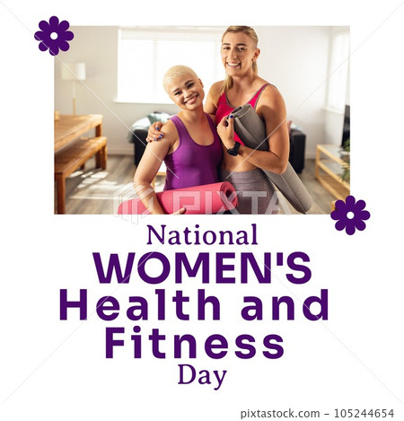 National women's health and fitness day text and happy diverse female friends with yoga mats at home 105244654