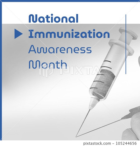 National immunization awareness month text in blue over syringe and shadow 105244656