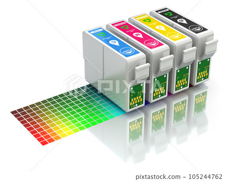 Printing concept with CMYK set of cartridges for ink jet printer Printing concept with CMYK set of cartridges for ink jet printer 105244762