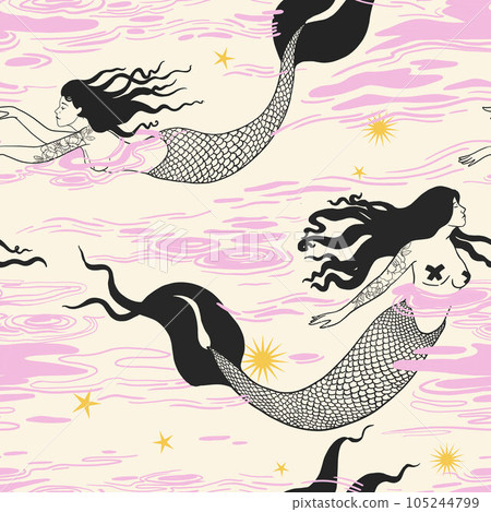 Beautiful seamless pattern with gentle mermaids in the sea. Stock illustration. Fantasy creature. 105244799