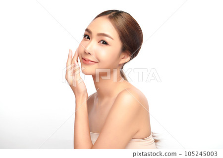Beautiful young asian woman with clean fresh skin on white background, Face care, Facial treatment, Cosmetology, beauty and spa, Asian women portrait. Beautiful young asian woman with clean fresh skin on white background, Face care, Facial treatment, Cosmetology, beauty and spa, Asian women portrait. 105245003