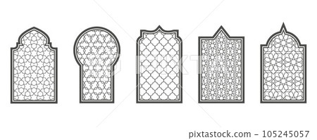 Ramadan window with pattern. Arabic frame of mosque door. Islamic design template. Vector oriental decoration with ornament. 105245057