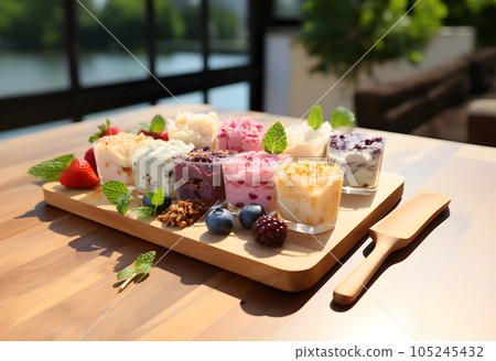 Frozen yogurt with berries and mint on wooden table, closeup Frozen yogurt with berries and mint on wooden table, closeup 105245432