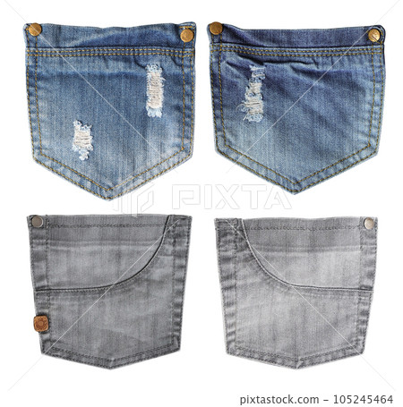 Set of ripped jeans pocket of indigo color and denim pocket of grey color. Isolated on white background 105245464