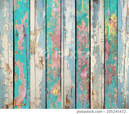 Texture of vintage wood boards with cracked paint of yellow, blue and green color. Horizontal retro background with old wooden plank of different colors Texture of vintage wood boards with cracked paint of yellow, blue and green color. Horizontal retro background with old wooden plank of different colors 105245472