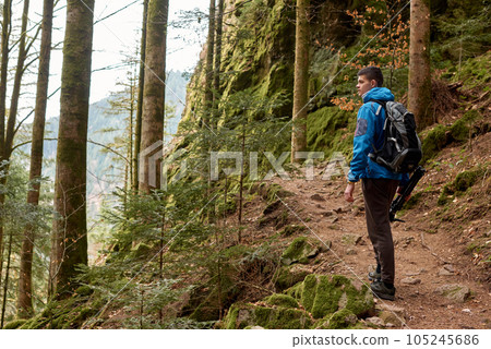 Traveler Man with backpack mountaineering Travel Lifestyle concept mountains on background Summer trip vacations outdoor. Concept of travel and healthy, active lifestyle. Young guy with dreadlocks Traveler Man with backpack mountaineering Travel Lifestyle concept mountains on background Summer trip vacations outdoor. Concept of travel and healthy, active lifestyle. Young guy with dreadlocks 105245686