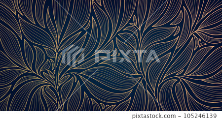 Vector golden leaves art deco wallpaper background, hand drawn pattern. Line design for interior design, textile, texture, poster, package, wrappers, gifts. Luxury. Japanese style. Vector golden leaves art deco wallpaper background, hand drawn pattern. Line design for interior design, textile, texture, poster, package, wrappers, gifts. Luxury. Japanese style. 105246139