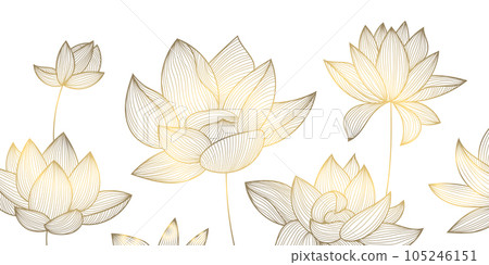 Vector luxury golden pattern, lotus illustration, hand drawn florals for packaging, social media post, cover, banner, creative post and wall arts. Gold and white. Vector luxury golden pattern, lotus illustration, hand drawn florals for packaging, social media post, cover, banner, creative post and wall arts. Gold and white. 105246151