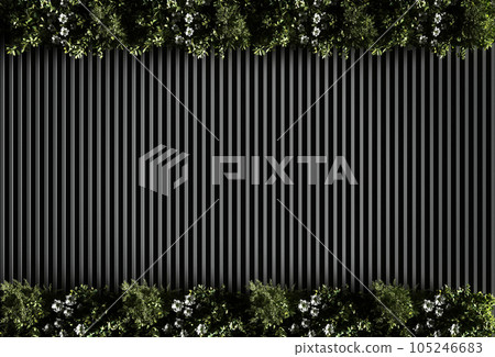 Interior design, rendering of a modern wall seamless pattern with vertical black slats and vertical garden for product display, logo mockup, etc. 105246683