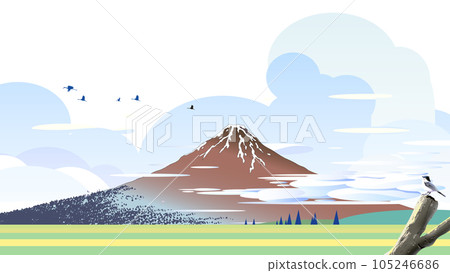 富士山腳下的野鳥和雲彩背景圖 105246686