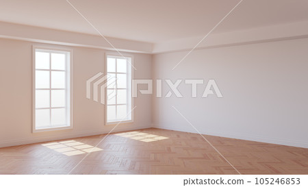 Room with White Walls, Two Windows, White Ceiling and Cornice, Glossy Herringbone Parquet Flooring and a White Plinth. Beautiful Interior Concept. 3D illustration, 8K Ultra HD, 7680x4320, 300 dpi 105246853