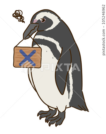 A Magellan penguin holding a sign with a cross mark in its mouth A Magellan penguin holding a sign with a cross mark in its mouth 105246962