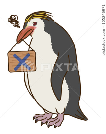 A royal penguin holding a sign with a cross mark in its mouth A royal penguin holding a sign with a cross mark in its mouth 105246971