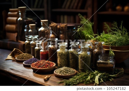 Ethnoscience. Table with different herbs and spices in an old pharmacy. Herbal medicine. generative AI 105247182