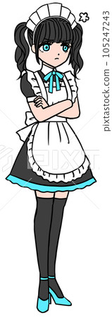 Dark-haired maid with blue chest ribbon crossing her arms angrily 105247243