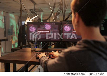Hacker breaking into computer system, hacking bank account, stealing finances, sending virus. Cyberattack, woman creating malicious software, personal data information leak 105247384