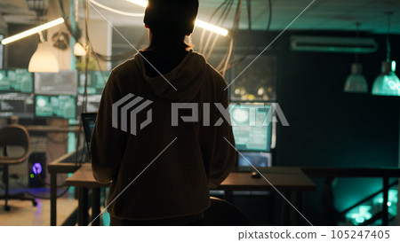 Group of thieves working with dark web to do illegal phishing on online network, trying to steal information illegally. Team of hackers breaking into server for cyberwarfare. Handheld shot. 105247405