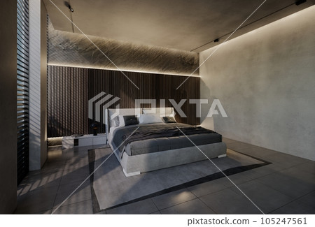 Modern bedroom interior design contemporary, with natural tones on the room, walls, floor and ceiling. rendering illustration Modern bedroom interior design contemporary, with natural tones on the room, walls, floor and ceiling. rendering illustration 105247561