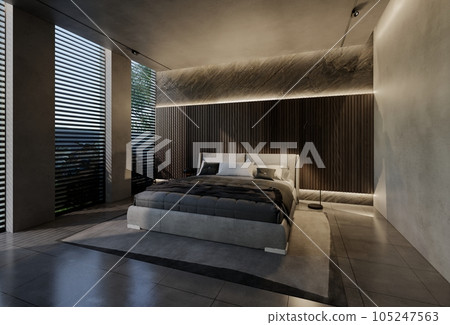 Modern bedroom interior design contemporary, with natural tones on the room, walls, floor and ceiling. rendering illustration 105247563