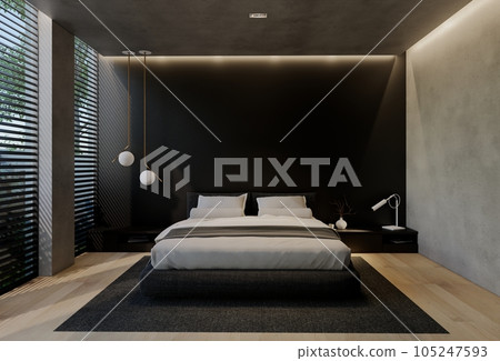 Modern bedroom interior design contemporary, with natural tones on the room, walls, floor and ceiling. rendering illustration 105247593