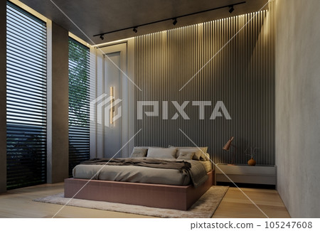 Modern bedroom interior design contemporary, with natural tones on the room, walls, floor and ceiling. rendering illustration Modern bedroom interior design contemporary, with natural tones on the room, walls, floor and ceiling. rendering illustration 105247608