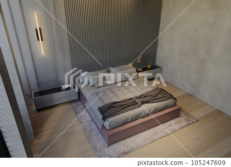 Modern bedroom interior design contemporary, with natural tones on the room, walls, floor and ceiling. rendering illustration 105247609