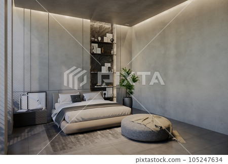 Modern bedroom interior design contemporary, with natural tones on the room, walls, floor and ceiling. rendering illustration 105247634