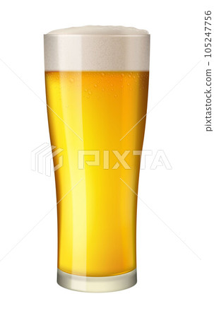 Cold beer in tall glass. Alcohol beverage in mug. Pint of gold lager with foam. Pub symbol. Excellent photo-realistic vector illustration isolated on white background 105247756