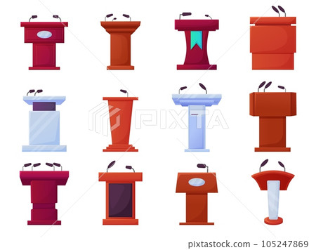 Cartoon podium, tribune with microphones. Press interview, award or speaker podiums elements. Oration stage elements for politics nowaday vector set Cartoon podium, tribune with microphones. Press interview, award or speaker podiums elements. Oration stage elements for politics nowaday vector set 105247869